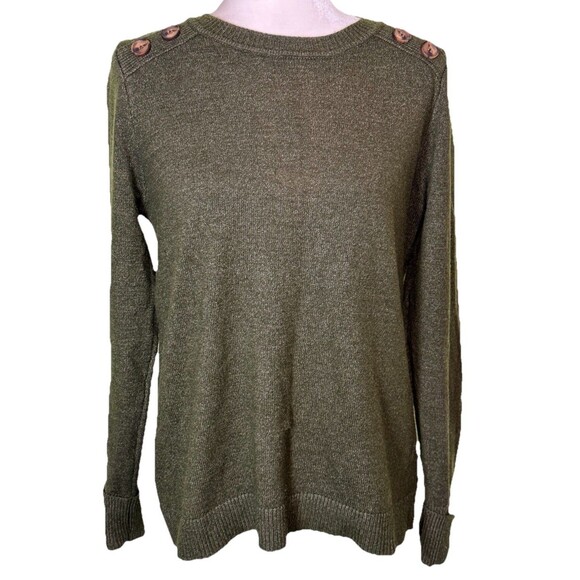 Women’s Olive Knit Pullover Sweater Button Shoulder Cozy Fall Casual Layering Lg - Picture 1 of 9